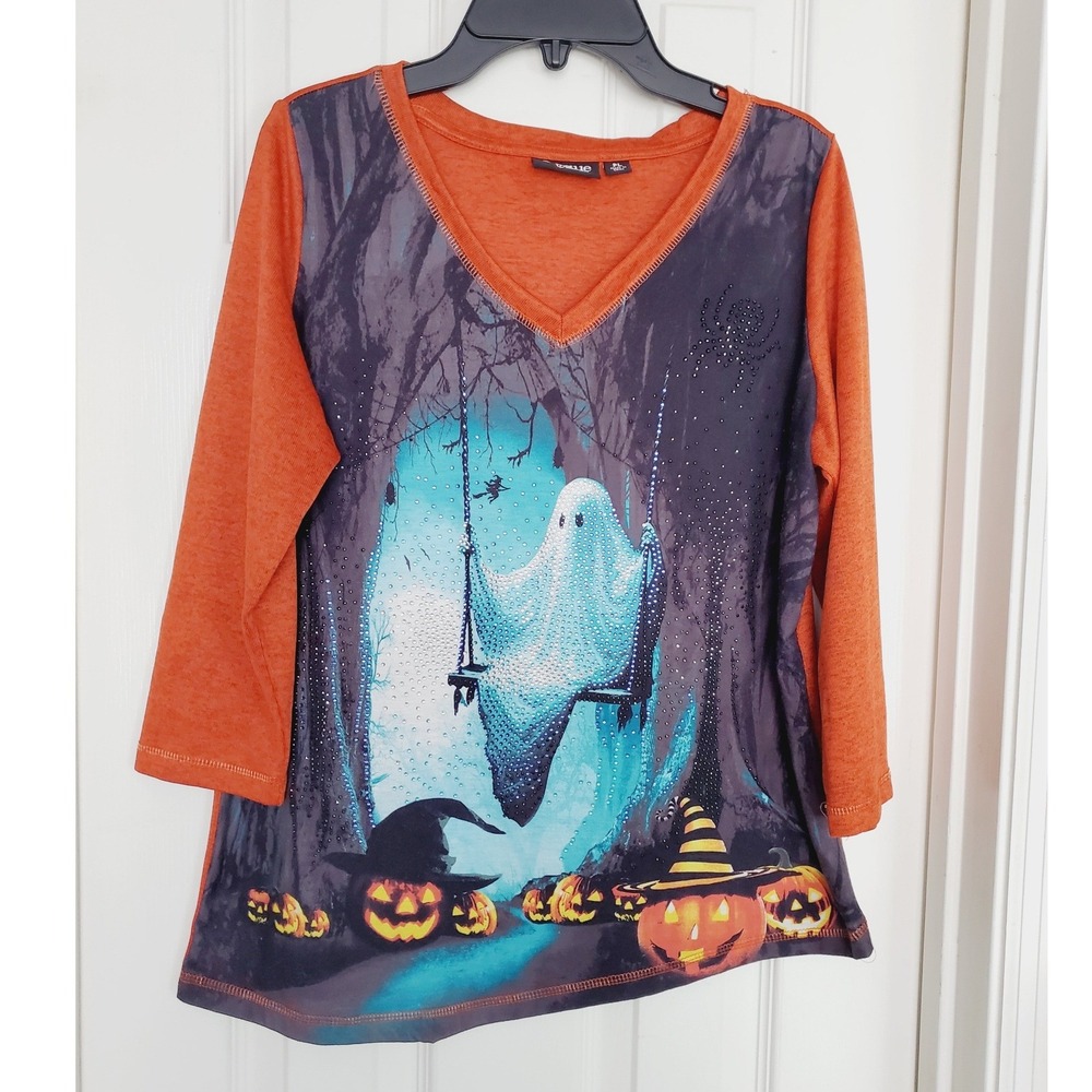 Onque Halloween‎ Top Orange Ghost Pumpkin Rhinestone Spooky Petite Large PL